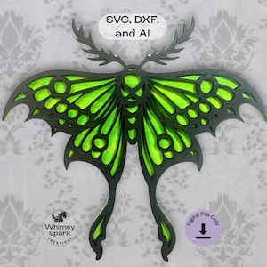 May include: A laser-cut moth design with black outlines and bright green inner wings. The image includes the text "SVG, DXF, and AI", "Whimsy Spark Creations", and "Digital File Only". The moth has intricate details and a decorative appearance.