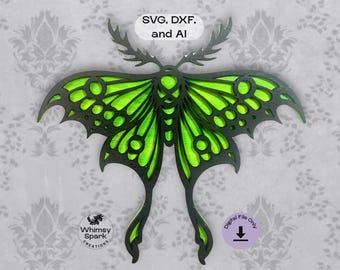 Luna Moth Laser Cut SVG Gothic Insect Laser Cut File Witchy Layered Moth for Glowforge xTool Wooden Cutout Template