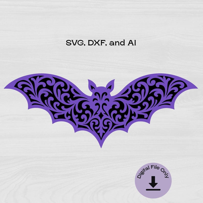 May include: Purple silhouette of a bat with a decorative, intricate, black floral design. The text "SVG, DXF, and AI" is above the bat. The text "Digital File Only" is below the bat with a download arrow.