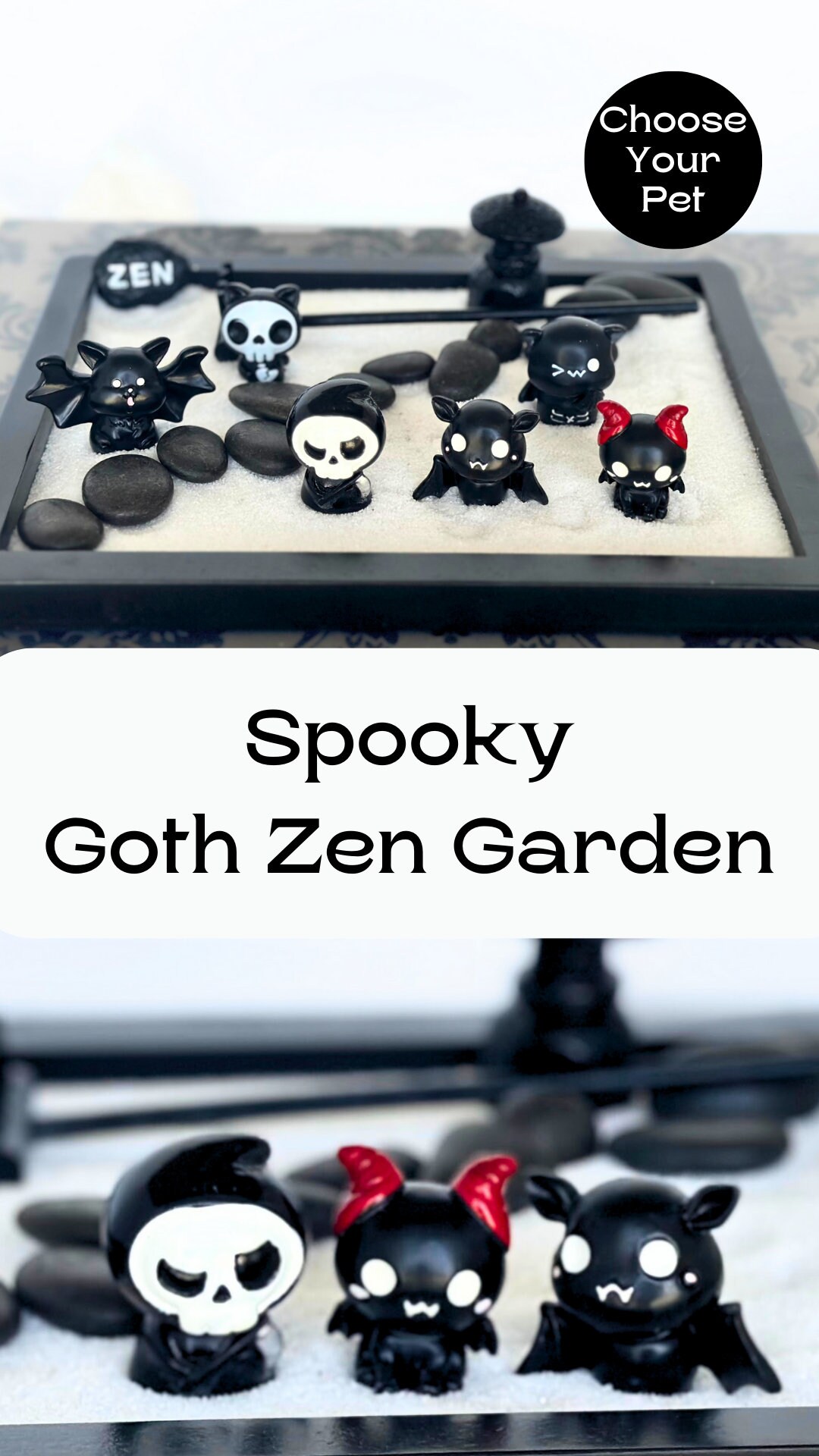 thumbnail image 2 of Goth Zen Garden Kit For Desk - 11 Spooky Miniatures, 4 Glow Ghosts, Black & Red Sand (Black Tray) 2 of 10