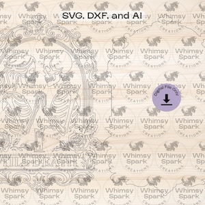 May include: A digital file featuring a detailed line art design of two skeletons embracing within an ornate frame. The design includes roses, a candle, and the text "Till Death". The file is labeled as SVG, DXF, and AI.