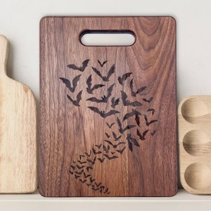 Goth Kitchen Decor Bats Laser Engraved Walnut Cutting Board Wooden Charcuterie Board New Apartment Gift for Bat Enthusiast Halloween Kitchen