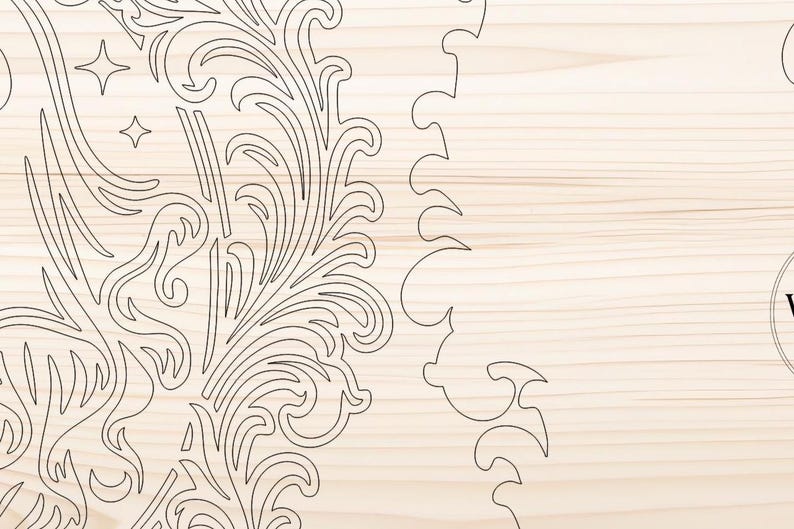 May include: Laser-cut wooden design featuring intricate floral and scrollwork patterns. The design includes stars and a decorative border, set against a light wood grain background. This craft item is suitable for various DIY projects.