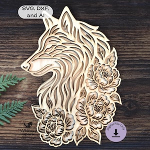 May include: Laser-cut wooden artwork featuring a wolf's profile with floral accents. The design includes the text "SVG, DXF, and AI" and "Digital File Only". The artwork is made of light-colored wood and is set against a dark wood background.