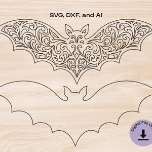 May include: Two digital cut files of a bat, one with a simple outline and the other with a detailed, intricate design. The text "SVG, DXF, and AI" is at the top of the image.