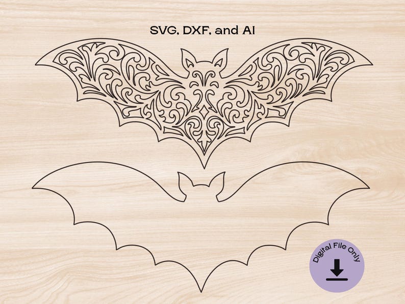 May include: Two digital cut files of a bat, one with a simple outline and the other with a detailed, intricate design. The text "SVG, DXF, and AI" is at the top of the image.