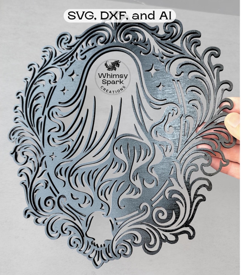 May include: Laser-cut, layered artwork in a decorative oval frame. The design features a stylized figure with flowing hair, stars, and ornate scrollwork. The text "SVG, DXF, and AI" is at the top. The artwork includes the "Whimsy Spark Creations" logo.
