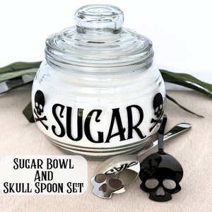 Goth Kitchen Storage Sugar Bowl Coffee Spoon Spooky Storage Canister with Spoon Gothic Kitchen Set Halloween Sugar Jar Skull Spoon Gift Set