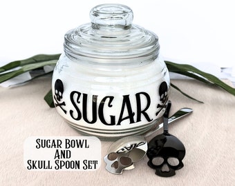 Goth Kitchen Storage Sugar Bowl Coffee Spoon Spooky Storage Canister with Spoon Gothic Kitchen Set Halloween Sugar Jar Skull Spoon Gift Set