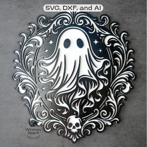 May include: A layered wooden Halloween decoration with a white ghost in a black frame with ornate scrollwork. The design includes a skull at the bottom and the text "SVG, DXF, and AI" at the top. The logo "Whimsy Spark Creations" is at the bottom.