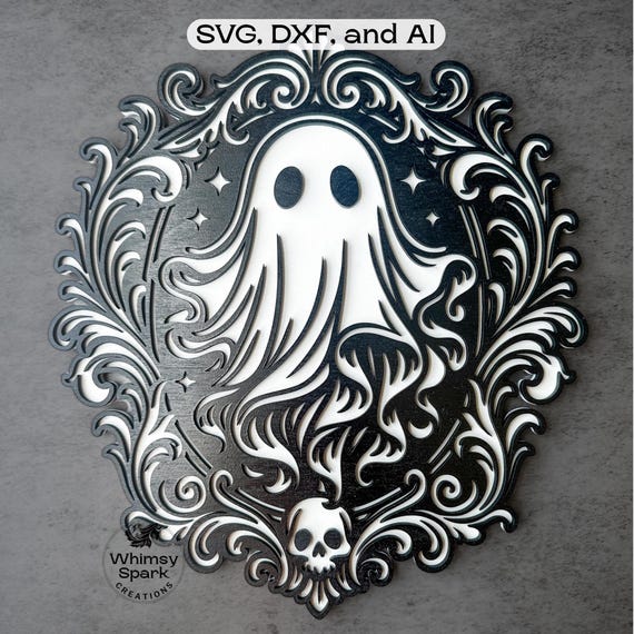 Cute Ghost SVG Baroque Layered Laser-Cut File Gothic Halloween Decor Instant Download DXF + AI Spooky Wall-Art Frame