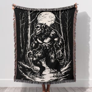Werewolf Woven Blanket, Gothic Home Decor, Castlecore Full Moon Forest Throw, Mythical Creature Tapestry Gifts for Goth