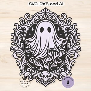 May include: A black and white Halloween-themed design featuring a ghost within an ornate frame, with the text "SVG, DXF, and AI" at the top. The design includes stars, a skull, and the text "Whimsy Spark Creations". A purple circle with a downward arrow and the words "Digital File Only" is also present.