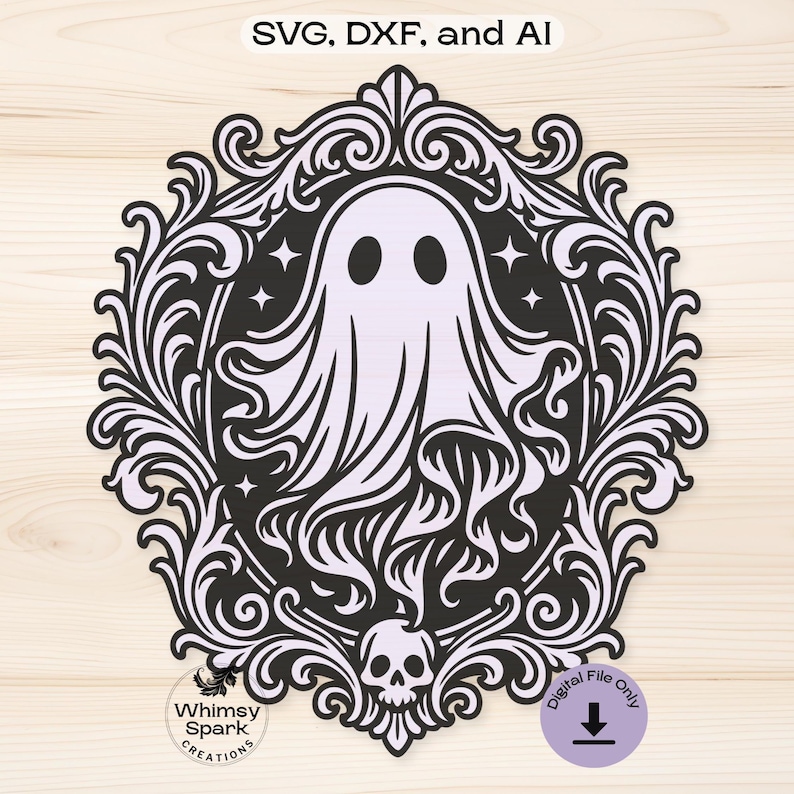 May include: A black and white Halloween-themed design featuring a ghost within an ornate frame, with the text "SVG, DXF, and AI" at the top. The design includes stars, a skull, and the text "Whimsy Spark Creations". A purple circle with a downward arrow and the words "Digital File Only" is also present.