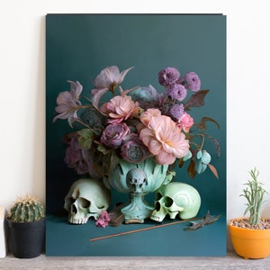 Pastel Gothic Still Life Art Print  Dark and Whimsical Home Decor Dark Academia Wall Art Skull and Flowers Poster Macabre Home Decor
