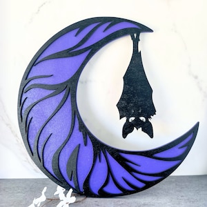 Halloween Bat Gothic Wall Art Moon With Bat Wood Sign Goth Room Decor
