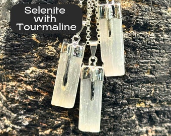 Selenite Necklace Selenite Jewelry Selenite with Tourmaline Pendant Raw Selenite Necklace Selenite Crystal Necklace White Crystal Pendant