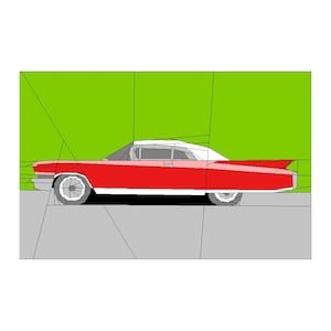 Puede incluir: Un coche rojo vintage con techo blanco y detalles cromados, sobre un fondo verde. El diseño del coche presenta aletas traseras prominentes y una silueta clásica, evocando el estilo automovilístico retro.