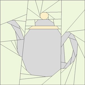 May include: A gray teapot with a yellow lid and spout, made with paper piecing. The teapot is surrounded by a green background with a geometric pattern.