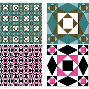May include: Four geometric pattern designs. Top left features teal, brown, and white shapes. Top right has teal, brown, and white shapes. Bottom left has pink, black, and white shapes. Bottom right has pink, black, and white shapes.