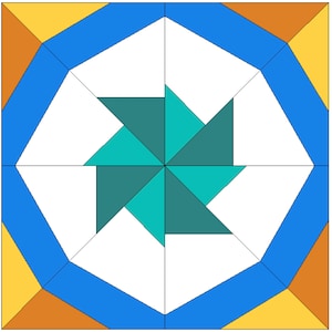 Pode incluir: Um octógono branco com um design de moinho de vento azul-esverdeado e turquesa no centro. O octógono é rodeado por uma borda azul e cantos amarelos e laranja.