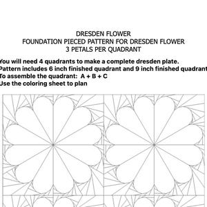 Dresden Flower 3 petal quadrant FPP - intermediate - Foundation Paper Piece Quilt Block Pattern 6-inch or 9-inch quadrant w/coloring pages