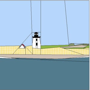Peut inclure: Une illustration numérique d'un phare blanc avec un sommet noir et des bandes verticales noires, situé sur une plage de sable avec un petit bâtiment à proximité. La scène comprend un ciel bleu, une étendue d'eau bleu foncé et des zones herbeuses.