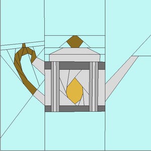 May include: A geometric illustration of a teapot. The teapot is primarily white and gray, with a brown handle and a gold-colored design in the center. The background is light blue, and the design is composed of various geometric shapes.