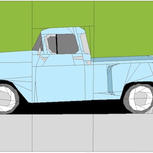 Puede incluir: Ilustración de una camioneta pickup vintage azul claro con ruedas blancas y un fondo verde. La camioneta está representada en un estilo geométrico, con varias formas y líneas que definen su forma. Las ruedas tienen un diseño único.