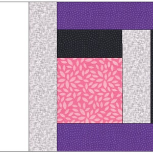 Puede incluir: Un bloque de colcha con un diseño de tela rosa, blanco, negro y morado. El bloque está formado por nueve cuadrados, con un cuadrado rosa en el centro.