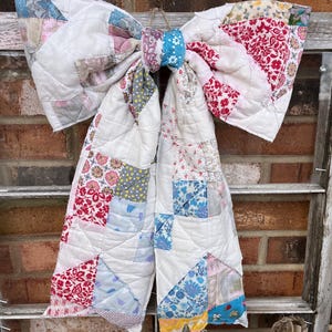 Vintage Handmade Scrappy Patchwork Feed Sack Quilt Bow - Easter & Spring Wreath, Wall, Door (E)