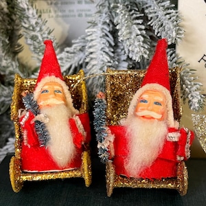 Vintage Shiny Brite Santa Ornaments: Glittered Sleigh, Sisal Tree (Set of 2)