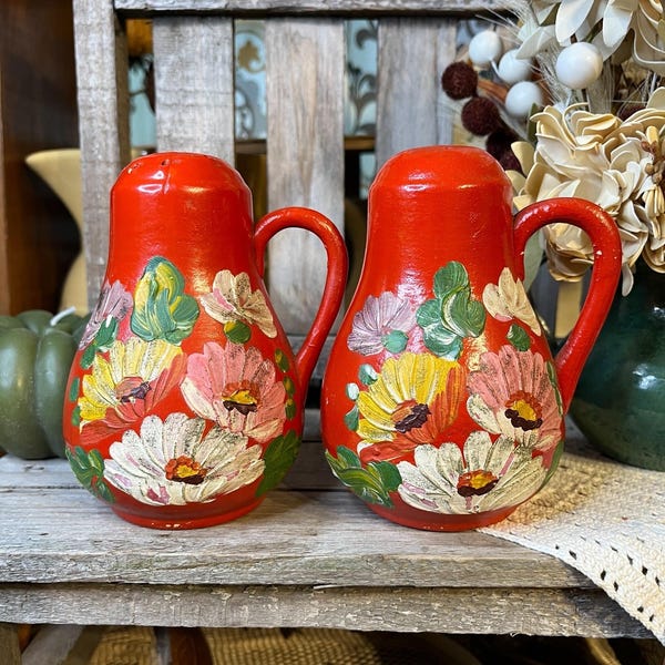 Vintage Ransburg Pottery Aster Red Orange saliera e pepiera dipinte a mano