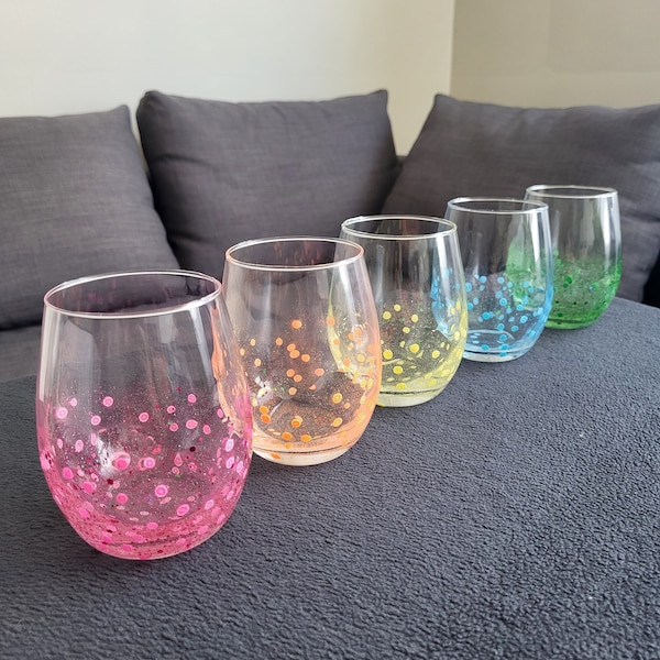 Colourful Lemon Confetti Stemless Wine Glasses, Set of 6, Unique & Handmade Gift/Housewarming/Anniversary/Mother's Day Gift/Gift for Couple.