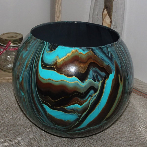 Pièce maîtresse de vase en verre en forme de bol de poisson, unique et fait main, accessoire de table, décoration d'intérieur or/turquoise/marron/noir/cadeau pour la fête des mères.