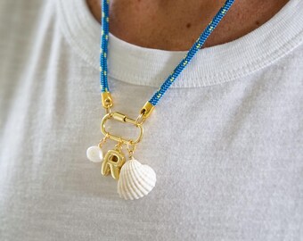Blue Paracord Seashell Necklace: Beach Fashion Jewelry. Trendy fall jewelry