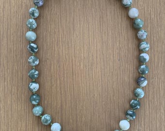 Harmony Jasper Green Gemstone Necklace with Silk hand tied  Knots and Sterling Silver clasp.