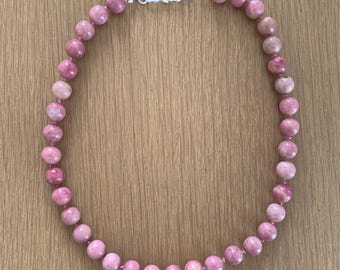 Pink Rhodonite Gemstone Necklace with Silk hand tied  Knots and Sterling Silver clasp.
