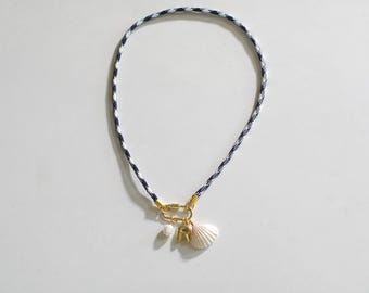 Personalized Navy Gingham Paracord Necklace: Seashell & Pearl Charm. Fall fashion accessory