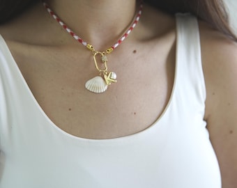 Red Paracord Necklace: Seashell & Pearl Charm - Beach Jewelry