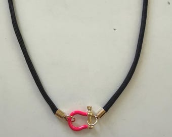 Brown Paracord with Bright Pink Horseshoe Clasp Necklace: colorful summer accessory