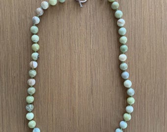 Jasper Green Gemstone Necklace with Silk hand tied  Knots and Sterling Silver clasp.