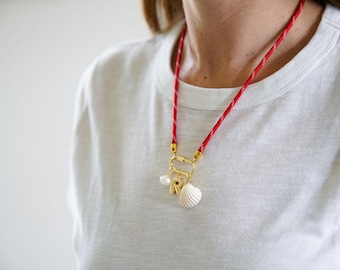 Personalized Paracord Necklace: Red Rope, pearl, Initial Charm, thoughtful gift, fall fashion