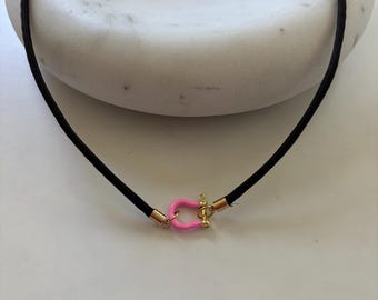 Brown Paracord with Pink Horseshoe Clasp Necklace: colorful summer accessory