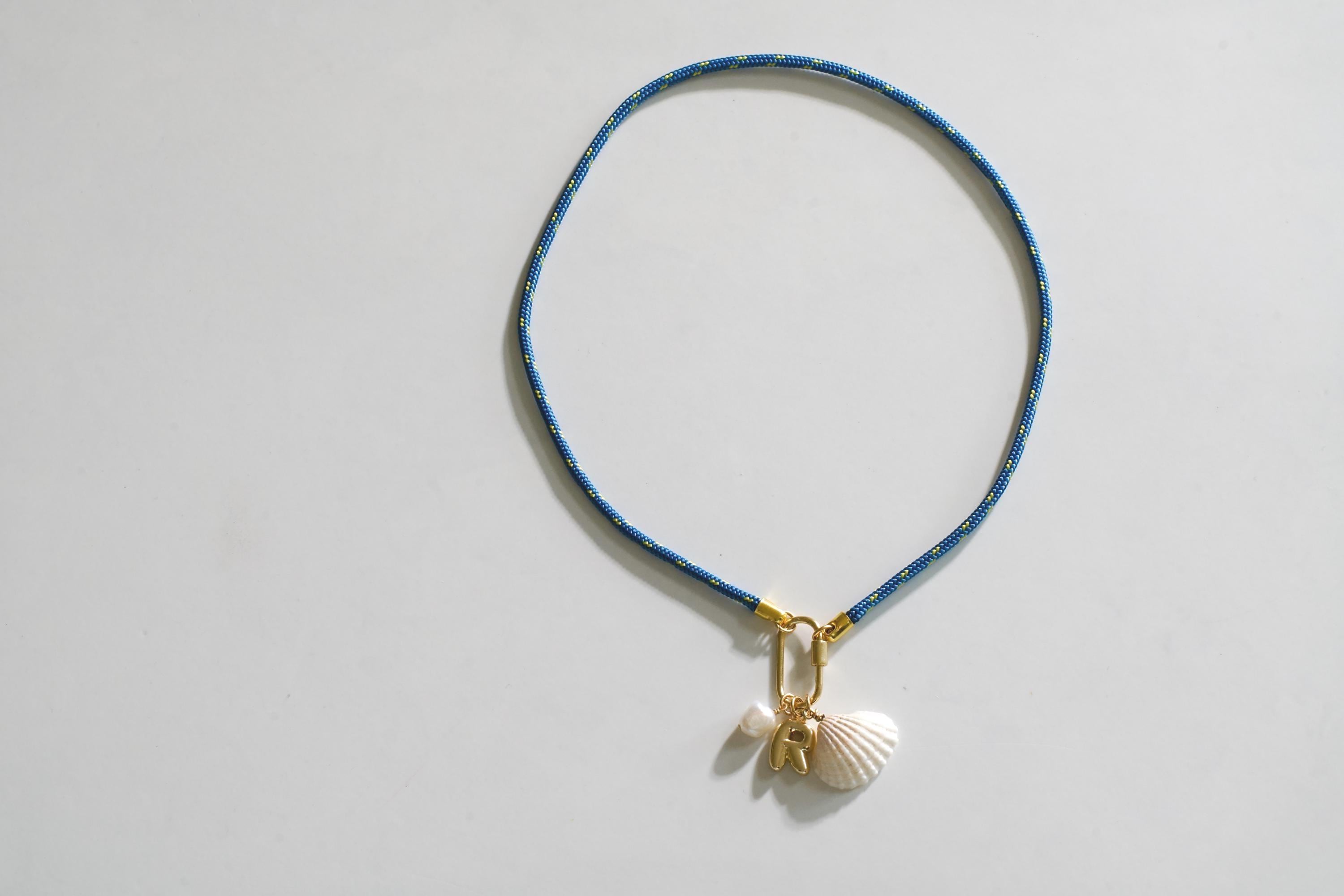 Personalized Blue paracord yellow accents necklace| trendy fashion jewelry| beach necklace with seashell and pearl| friendship accessory