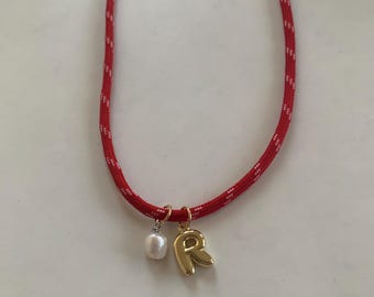 Personalized Red and White Paracord Necklace with Gold Letter Charm and Pearl Bead