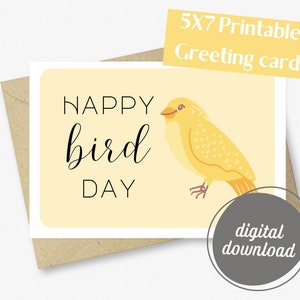Happy Bird Day Geburtstagskarte | Niedliche gelbe Vogel Geburtstagskarte | Druckbare und herunterladbare PDF-Karte | Süße gelbe Kanarien-Geburtstagskarte