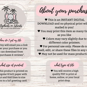 Op de afbeelding: Een roze en witte digitale downloadafbeelding met de tekst "Elephants on Islands" en informatie over de aankoop. De afbeelding bevat details over het bestandstype, de grootte en hoe je het bestand kunt downloaden.