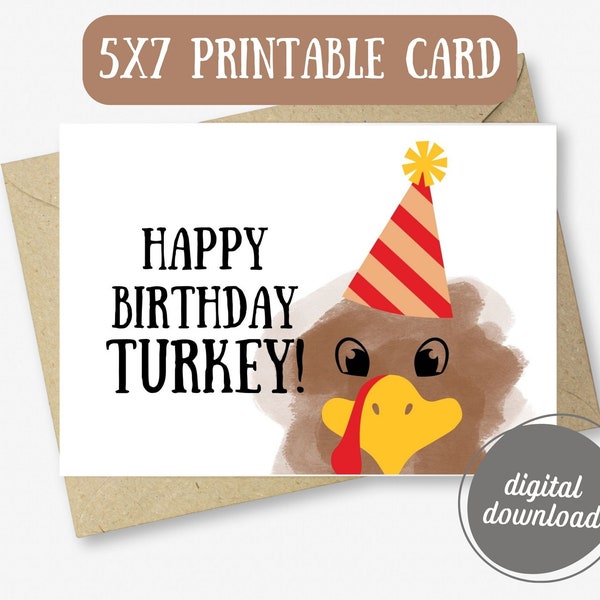 Happy Birthday Turkey Greeting Card | Cute Turkey Party Hat Birthday Card | Printable Card | Sweet Brown, Red, Yellow Turkey Birthday Card