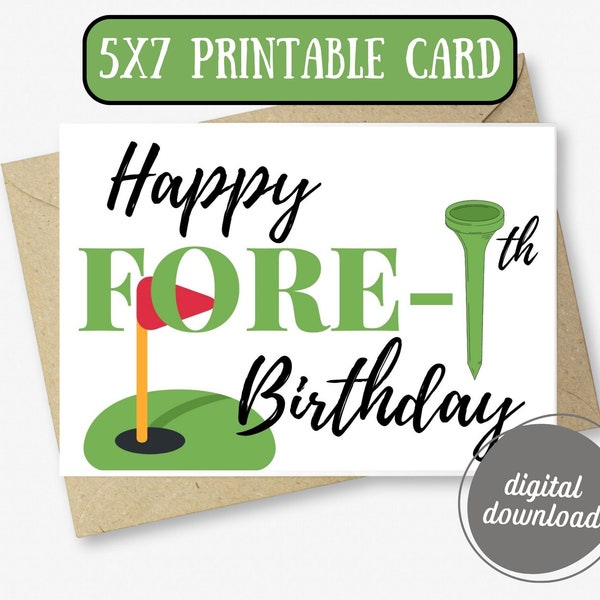 Happy 40th Birthday Golf card | Happy FORE-tee Birthday Card | Cute Golf Birthday Card | Printable Card | Green Black Golfing Birthday Card